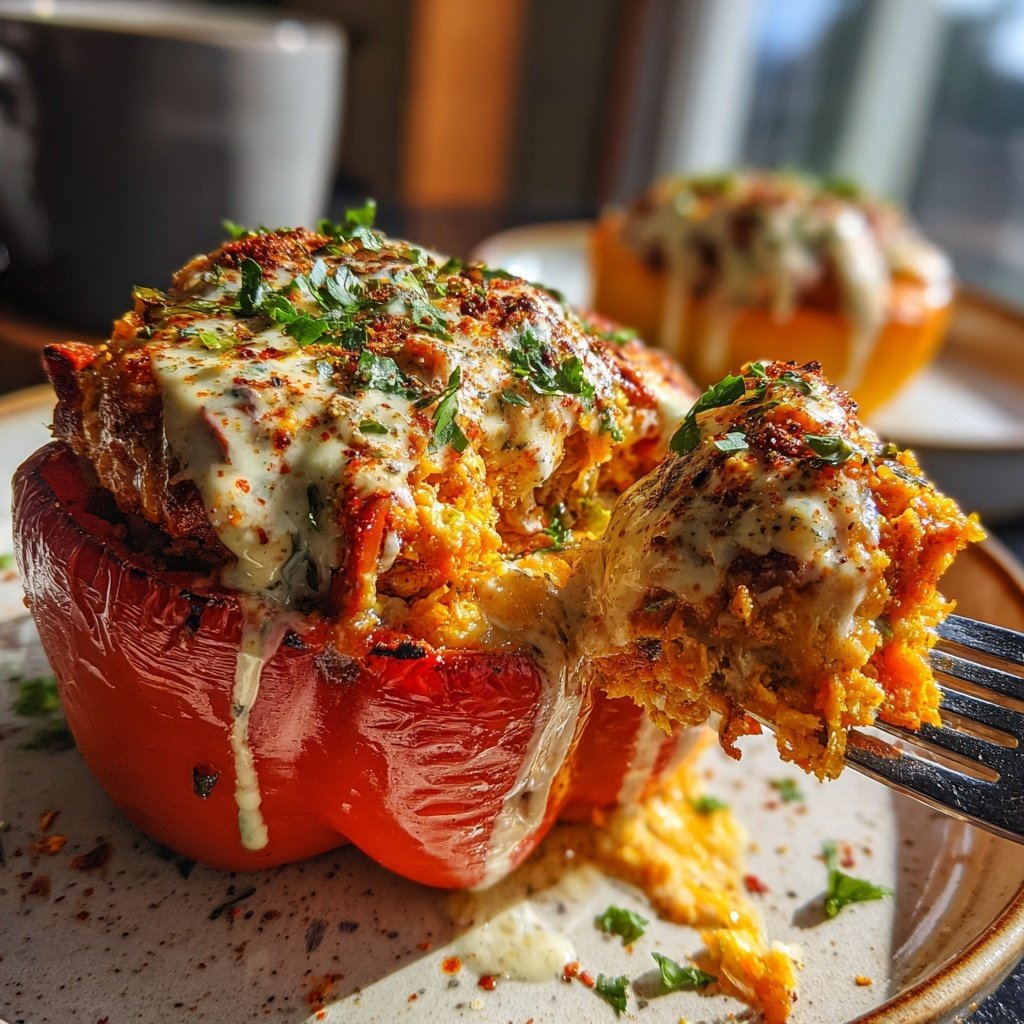 Mit Buffalo Hähnchen gefüllte Paprika