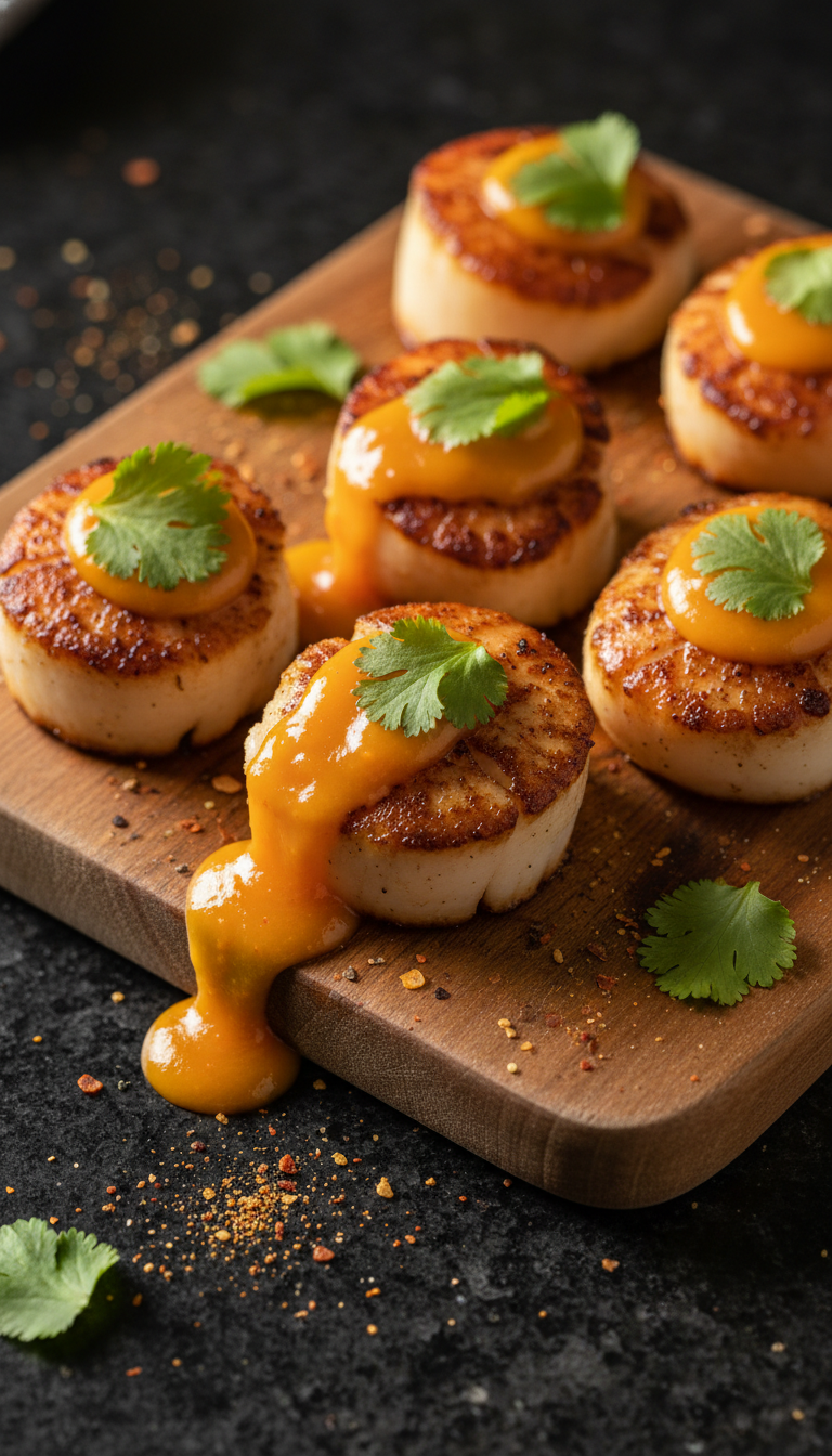 Scharfe Karibische Gebratene Jakobsmuscheln