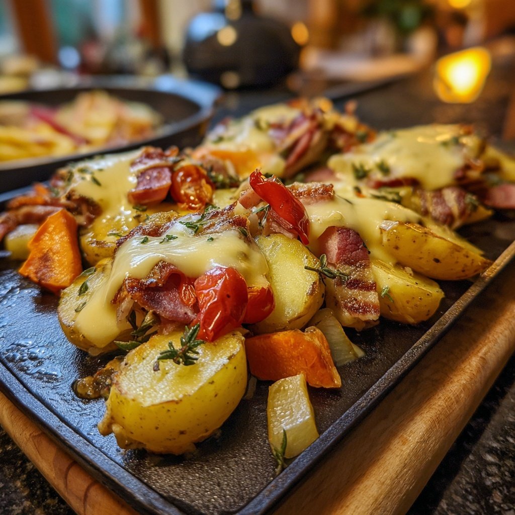 Raclette-Weihnachtsplatte mit Kartoffeln, Gemüse und Fleisch​