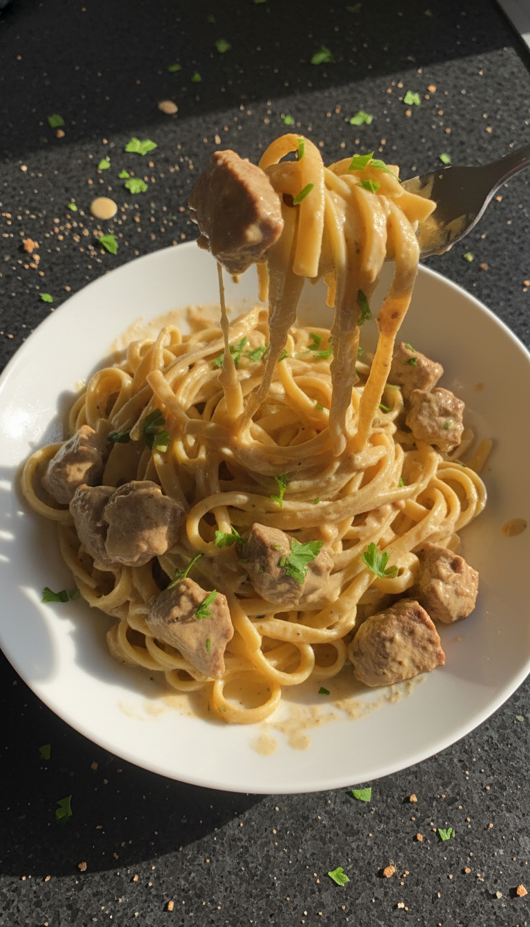 Rind Stroganoff auf Nudeln