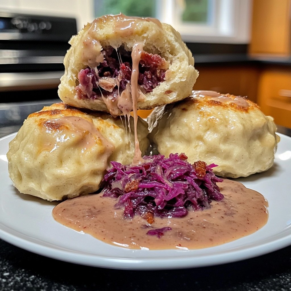 Brezenknödel mit fruchtigem Rotkohl und Speck-Sahne-Sauce